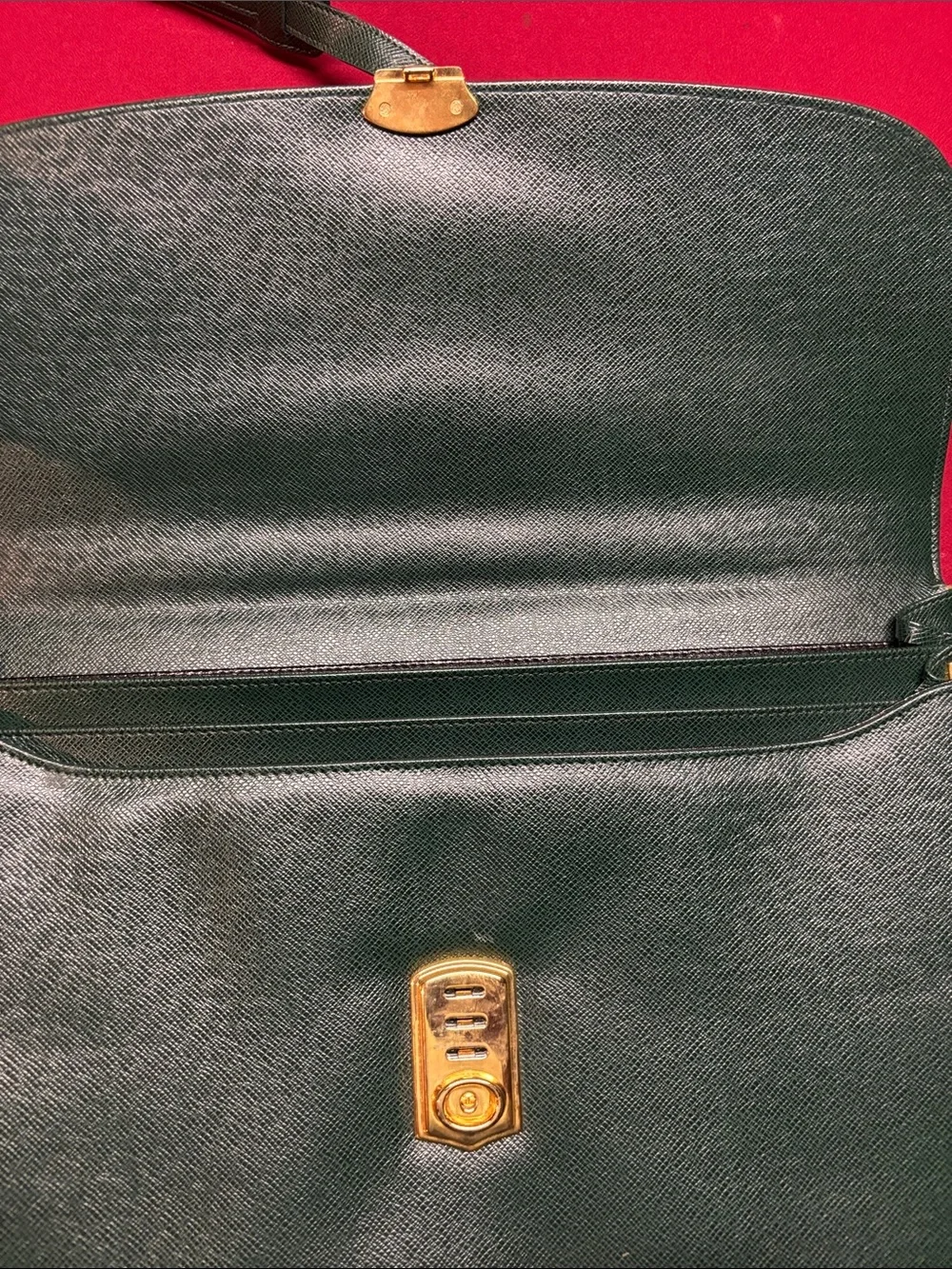vintage dark green or forest green textured leather briefcase